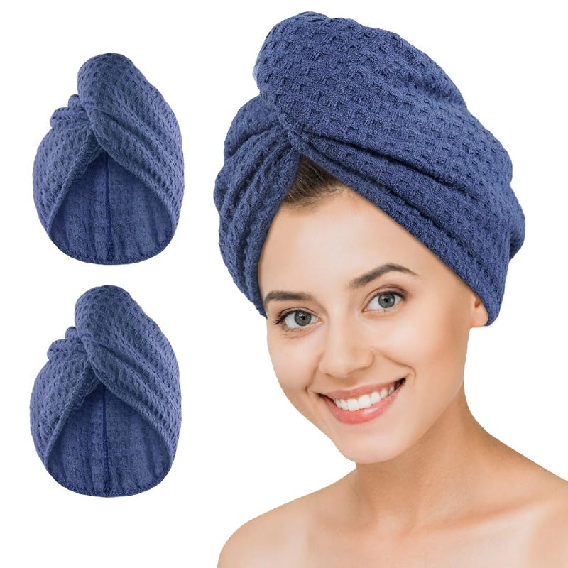 Dolwis Microfiber Hair Drying Towel - 2Packs Waffle Long Hair Head Turban Wraps Terry Cloth Fast Absorbent Dry Anti Frizz Twist Plopping Curly Shower Turban for Women Wet Hair (Dark Blue) - Image 1
